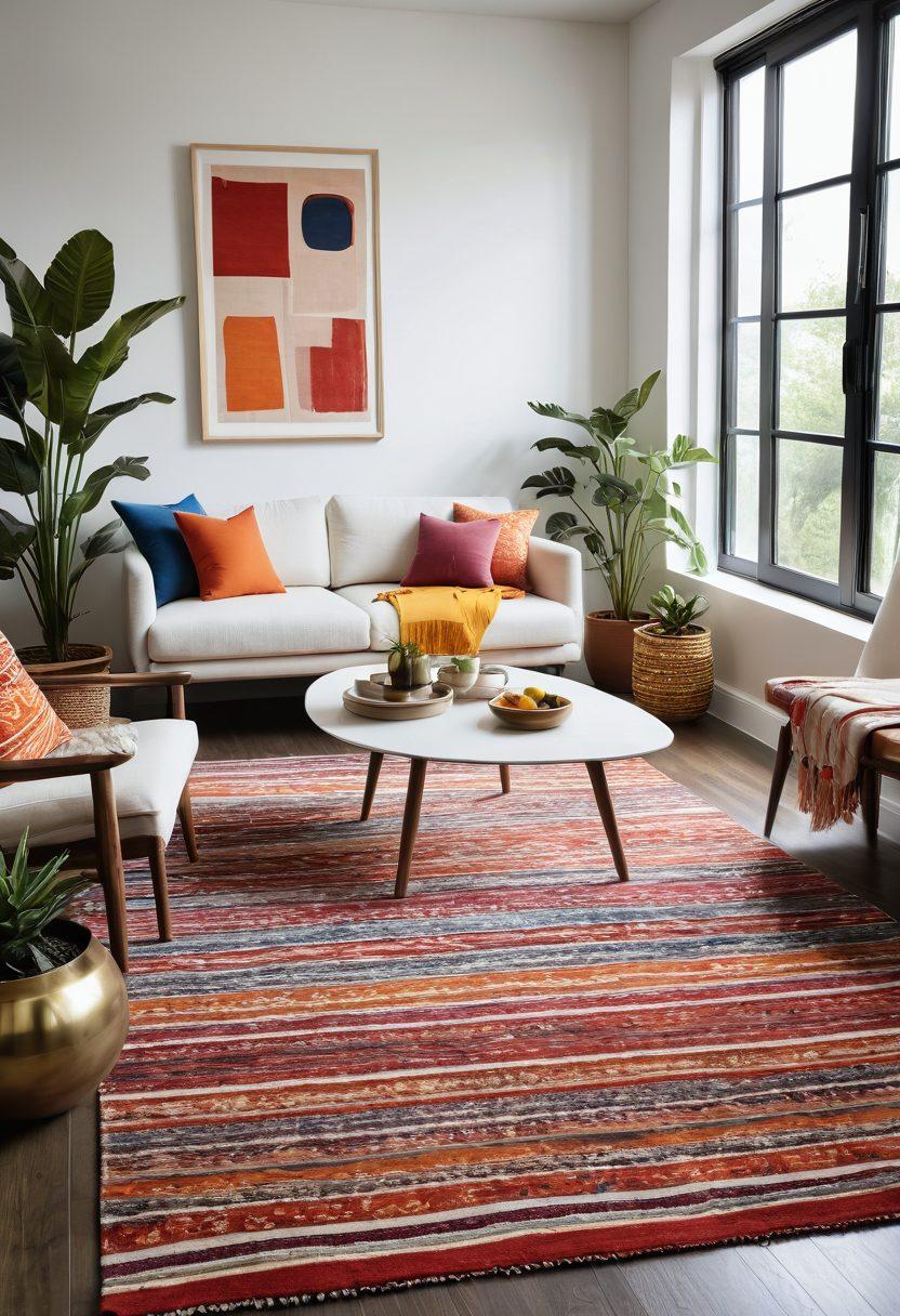 A beautifully styled modern living space featuring elegant Chiliwich textile designs, showcasing vibrant rugs and table linens. The room is filled with natural light, highlighting the textures of woven materials against a minimalist backdrop. Include pops of color with contemporary furniture and houseplants to create a fresh atmosphere. Illustrate a mix of patterns that reflect modern textile artistry. super-realistic. vibrant colors. white background.