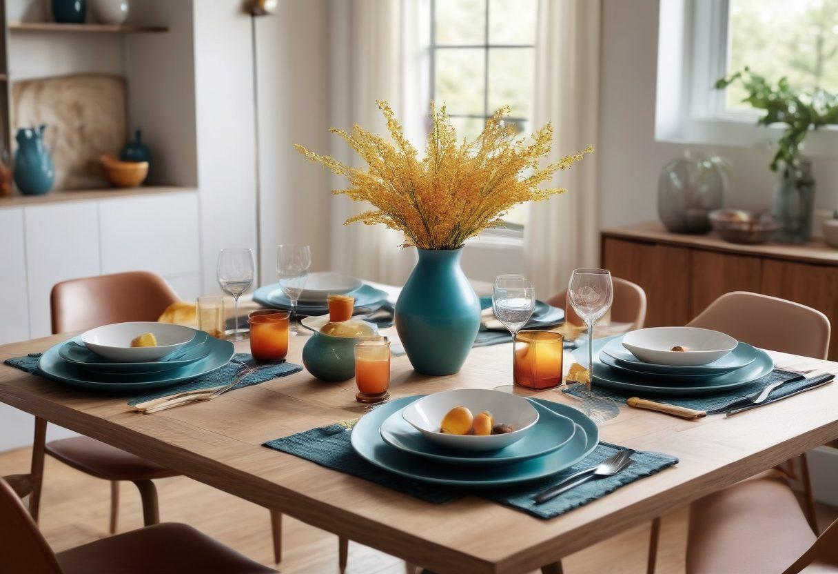 A beautifully set contemporary dining table featuring elegant dinnerware, stylish centerpieces, and unique decor elements that blend functionality with aesthetic appeal. The scene captures a modern living space with natural light streaming in, showcasing minimalist design, geometric shapes, and vibrant colors in the decor. Soft textures and appealing materials enhance the ambiance, inviting viewers to envision their own home reimagined. super-realistic. vibrant colors. soft focus.