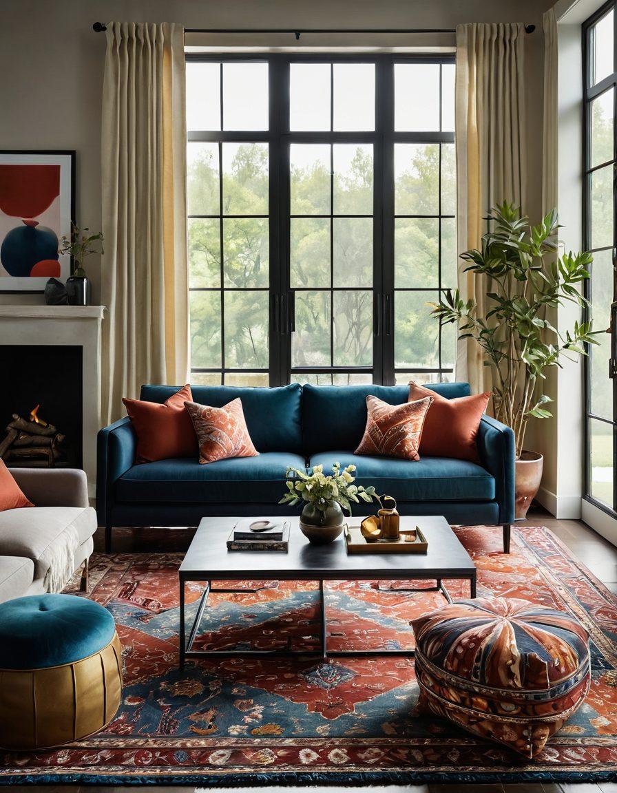 A beautifully styled living room featuring Chiliwich luxury textiles, showcasing an elegant mix of textures in rich colors. Include a cozy sofa adorned with patterned cushions, a chic area rug, and colorful table linens that reflect modern sophistication. Soft natural light filters through large windows, casting gentle shadows, highlighting the elegance of the textiles. Create an inviting atmosphere that embodies elevated living and aesthetic appeal. super-realistic. vibrant colors.